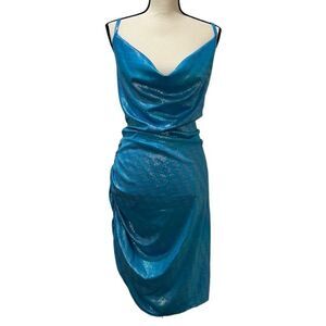 FTF Crowl Neck Ruched Iridescent Asymmetrical Dress